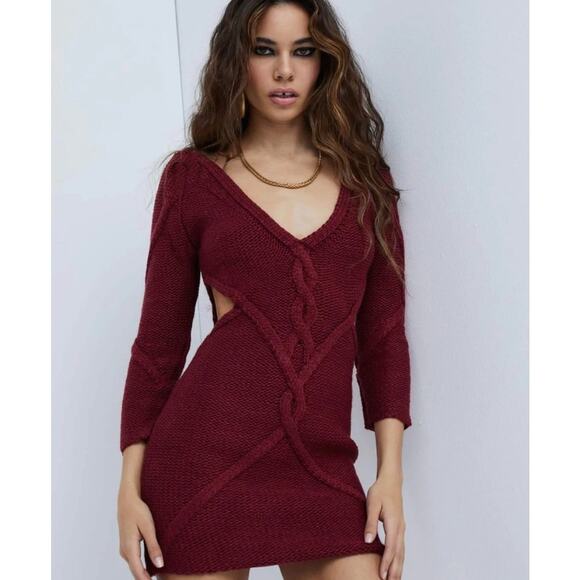 For Love & Lemons Keke Burgundy Cut Out Knit Sweater Mini Dress - Picture 16 of 16